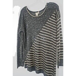 Escio Women 's Size XL Black Gold Striped Sequin Asymmetric Hem Sparkly Sweater